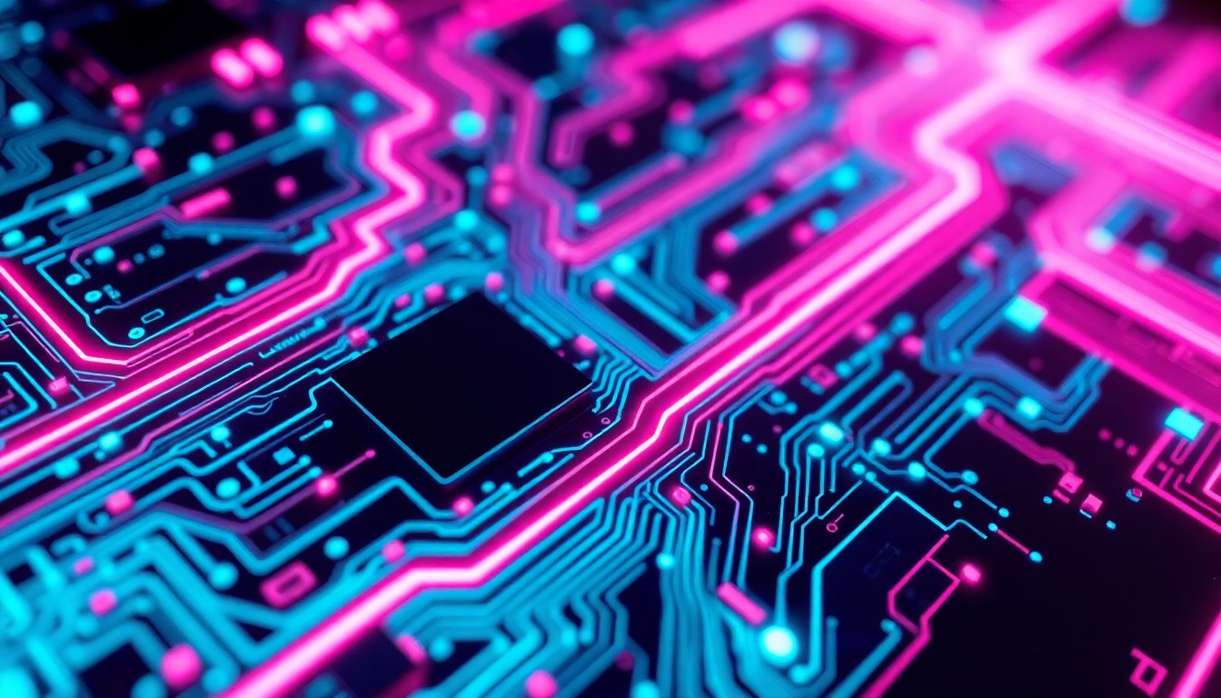 A highly detailed, glowing 3D illustration of a complex circuit board with intricate patterns of neon cyan and magenta lights, conceptually representing the digital infrastructure and cybernetic nature of modern software development.