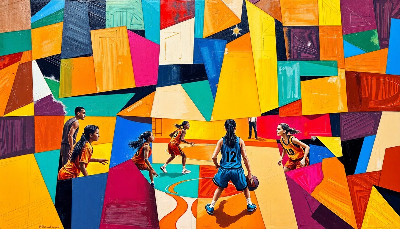 A cubist, geometric painting depicting a girls' basketball game, with the court and players broken down into sharp, overlapping planes of color, representing the lifelong friendship and coaching rivalry between the two coaches.