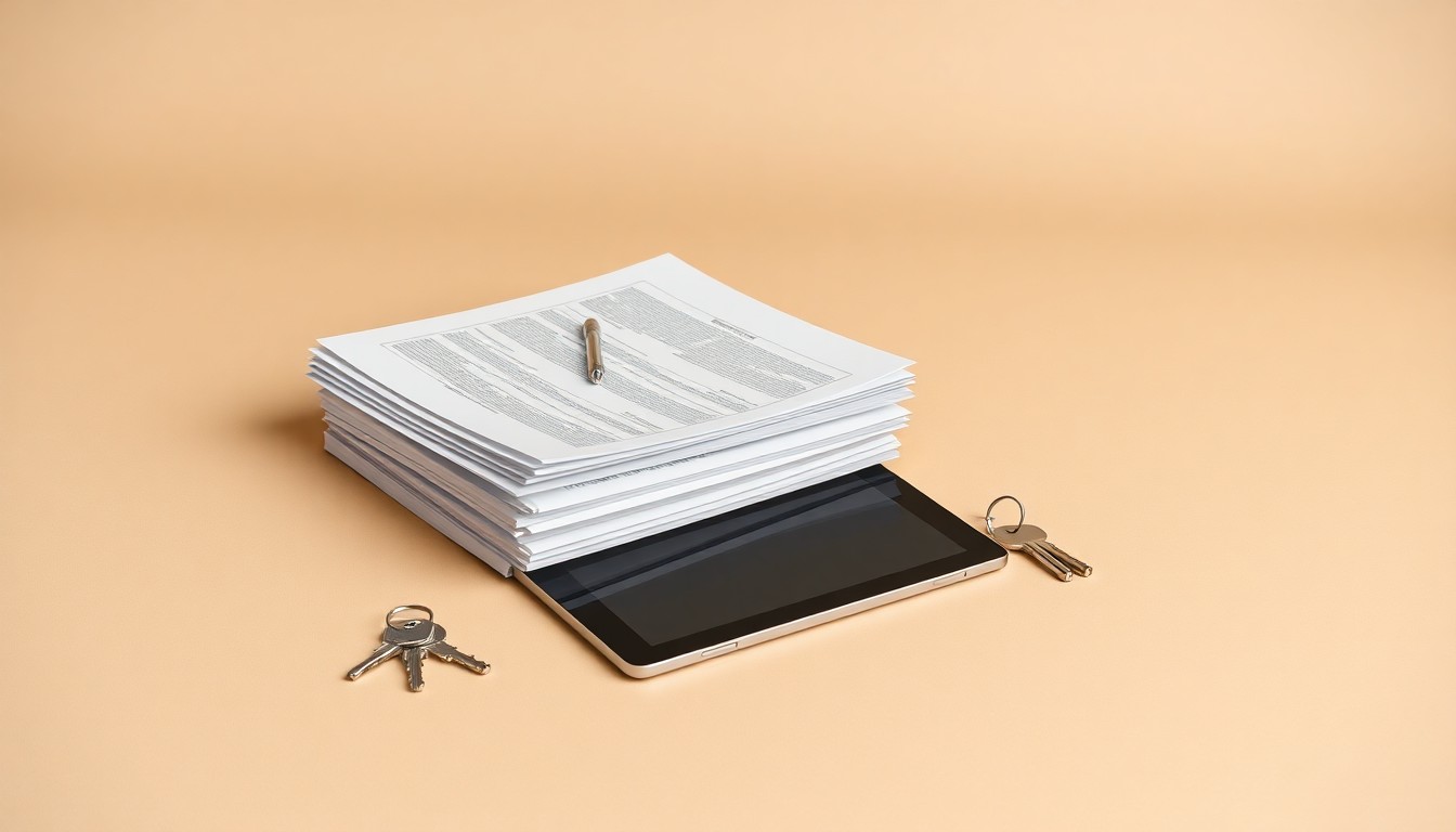 A minimalist studio still life photograph featuring a stack of business documents, a tablet device, and a set of keys arranged on a clean, monochromatic background, conceptually representing the strategic and technological aspects of senior living leadership.