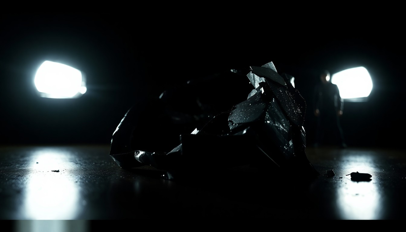 An extreme close-up photograph of a damaged car part, such as a twisted metal fragment or shattered glass, lit by a harsh, direct camera flash against a pitch-black background, conceptually illustrating the aftermath of a serious traffic collision.