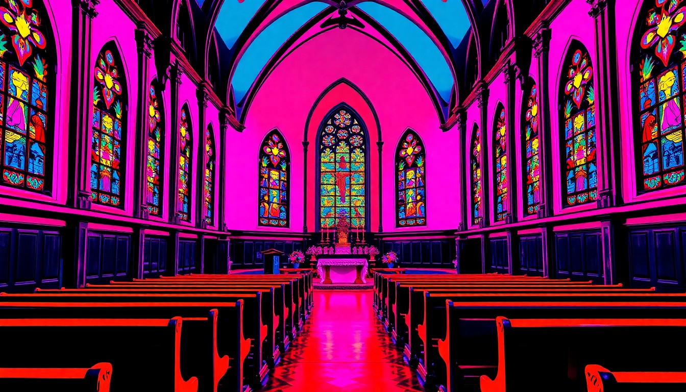A brightly colored, abstract silkscreen print depicting the interior of a Catholic church, with pews, stained glass windows, and an altar repeated in a bold, pop art-inspired grid pattern, capturing the joyful energy and devotion of the Hernández family's service to their parish.