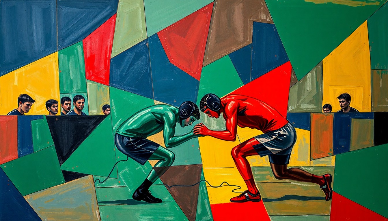 A cubist, geometric painting depicting a high school wrestling match, with the athletes and the mat broken down into sharp, overlapping planes of navy, green, and red, conveying the intense physicality and tactical complexity of the sport.