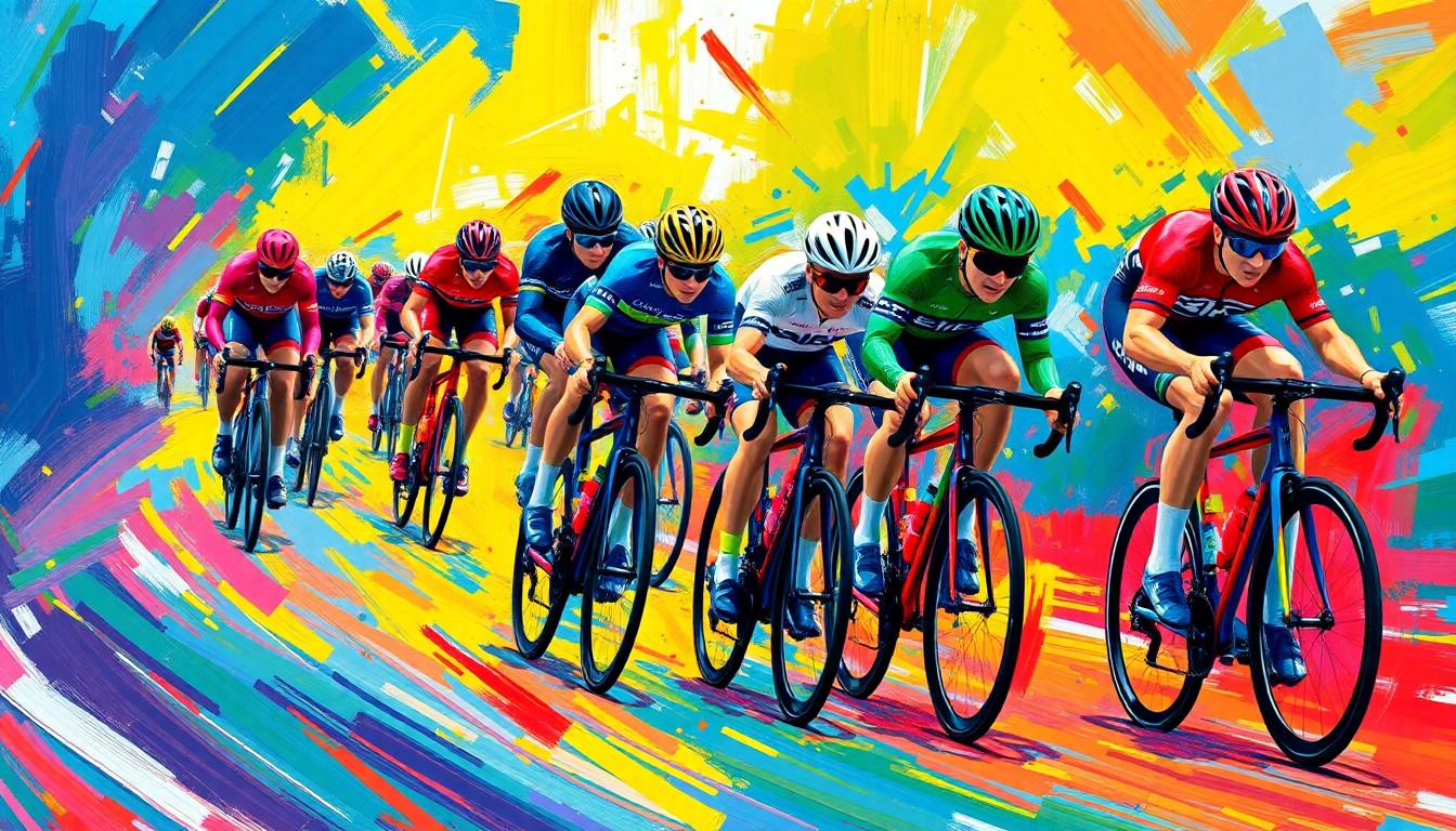 An abstract, energetic painting in neon colors depicting the intense motion and dynamics of a high-speed cycling criterium race, with blurred figures and shapes representing the riders and their bikes.
