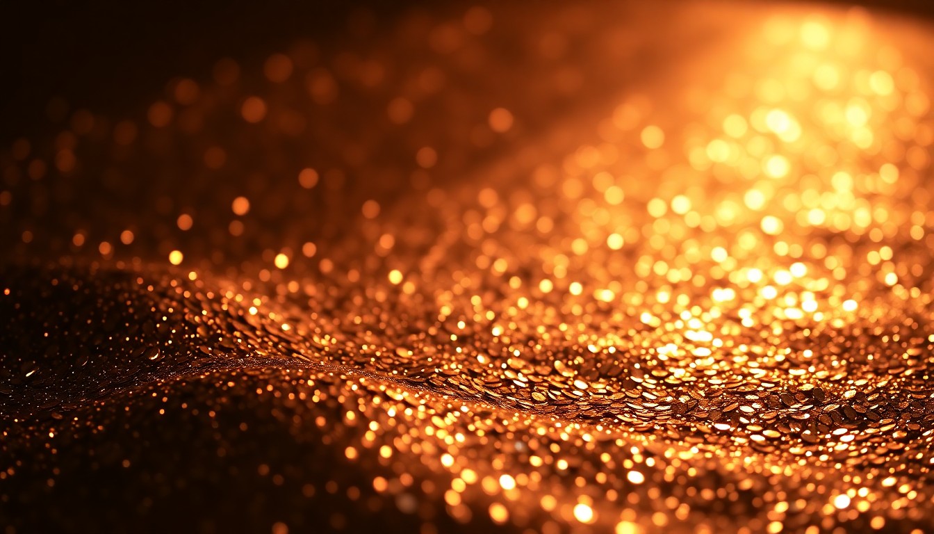 An extreme macro photograph of shimmering, glittering sequins arranged in an abstract, high-contrast pattern, conveying the luxurious textures and dramatic lighting associated with celebrity and entertainment.