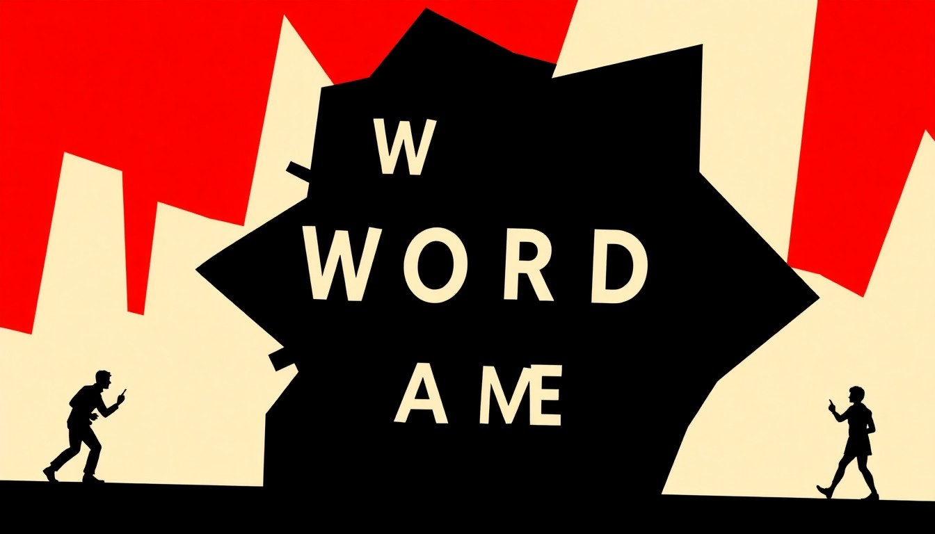 An abstract composition of bold, jagged black silhouettes and high-contrast geometric shapes in red and white, conceptually representing the strategic challenge of a word puzzle game.