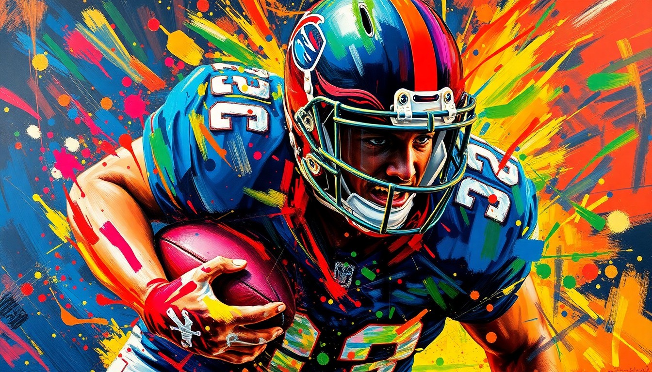 An abstract, expressionist painting in neon colors, with rapid brushstrokes capturing the raw energy and movement of a football player, their face and uniform details dissolving into unrecognizable splatters of color.