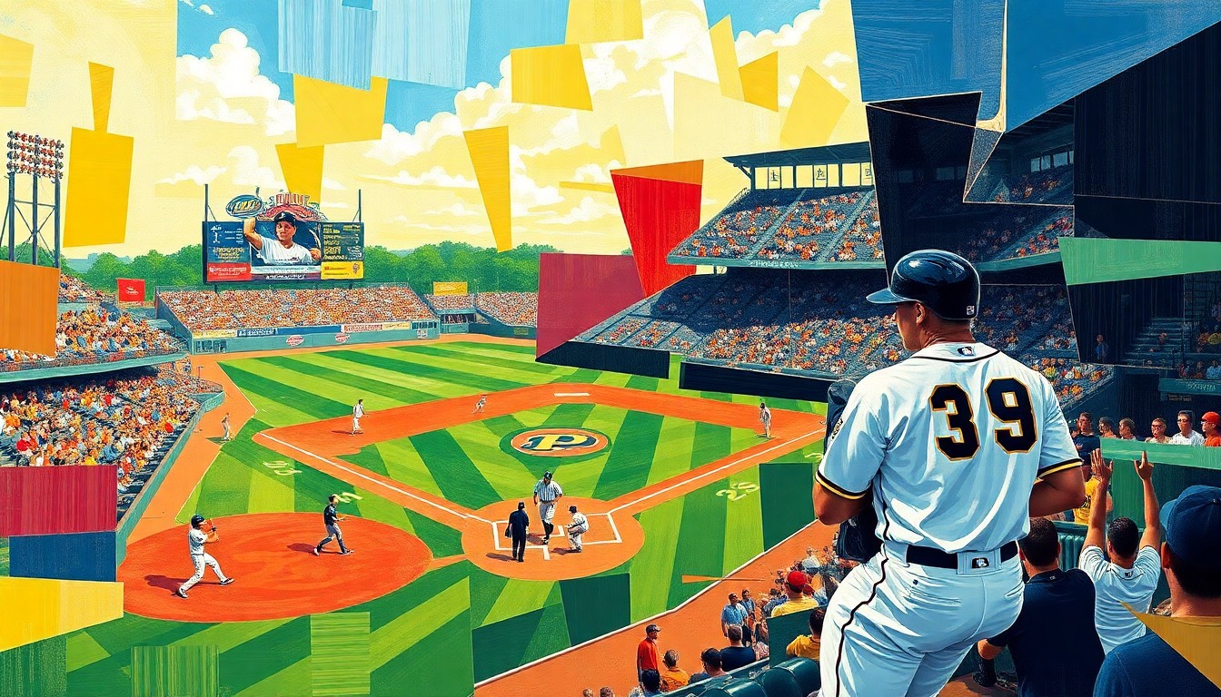 A cubist, geometric painting depicting a college baseball game, with sharp, overlapping planes of color representing the dynamic action on the field.