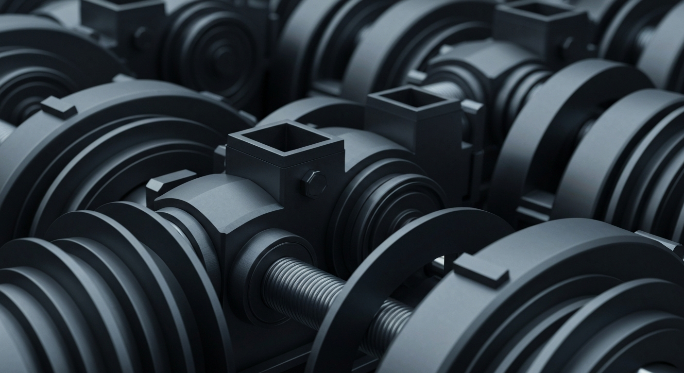 An extreme close-up of industrial banking gears and levers in shades of steel grey and gunmetal blue, conveying the heavy, mechanical nature of global finance as a metaphor for the current market conditions.