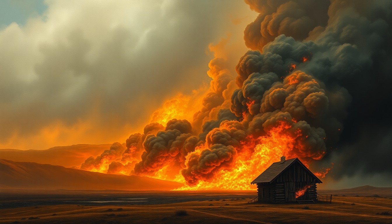 A dramatic landscape painting in muted earth tones, with a large wooden structure consumed by an intense fire in the distance, surrounded by thick plumes of dark smoke rising into an ominous, cloudy sky, conveying the overwhelming power and scale of the natural disaster.