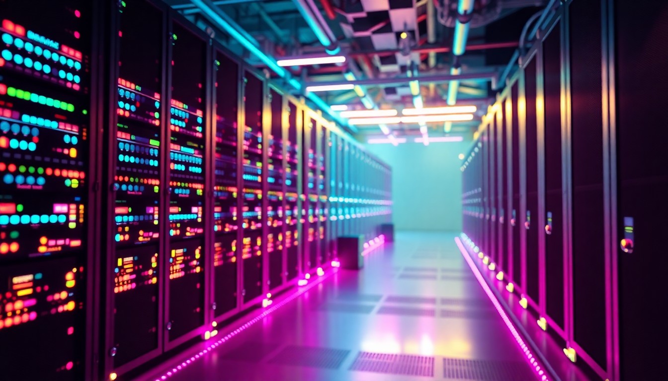 A highly detailed, glowing 3D illustration of Nvidia's physical AI hardware infrastructure, including server racks, data center equipment, and interconnected circuits, bathed in a vibrant neon cyan and magenta color palette, conveying the sense of a powerful, high-tech AI ecosystem.