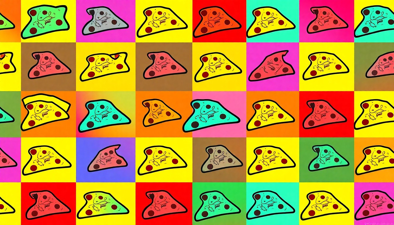 A brightly colored, high-contrast silkscreen print of an iconic Italian food item like a pizza slice or pasta dish, repeated in a tight grid pattern in the style of Andy Warhol, conceptually representing the enduring legacy and community appeal of a family-owned Italian restaurant.