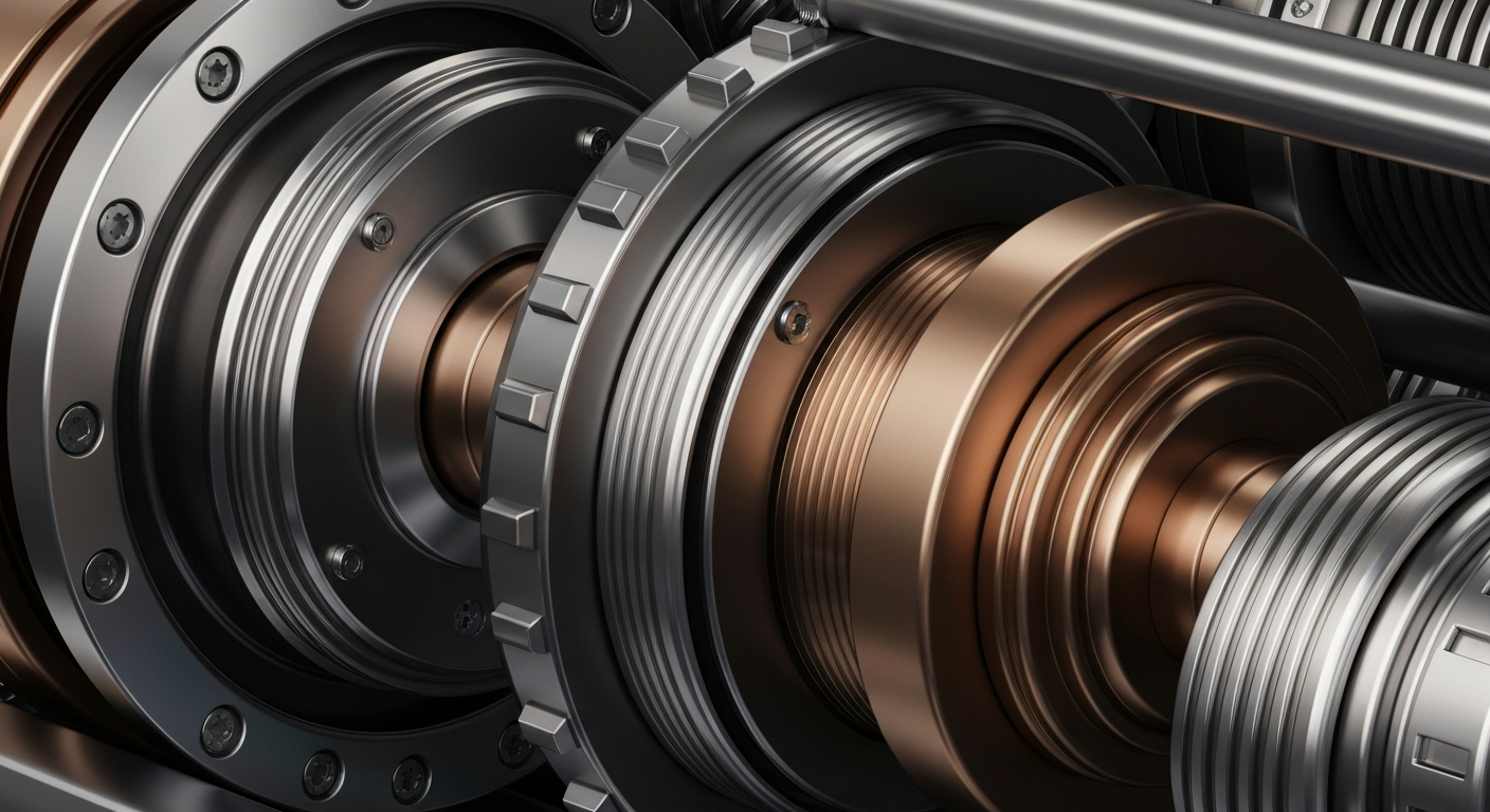 A cinematic close-up of heavy, textured banking machinery and mechanisms in shades of steel grey, bronze, and chrome, conveying a sense of institutional financial power and security without using literal currency or charts.