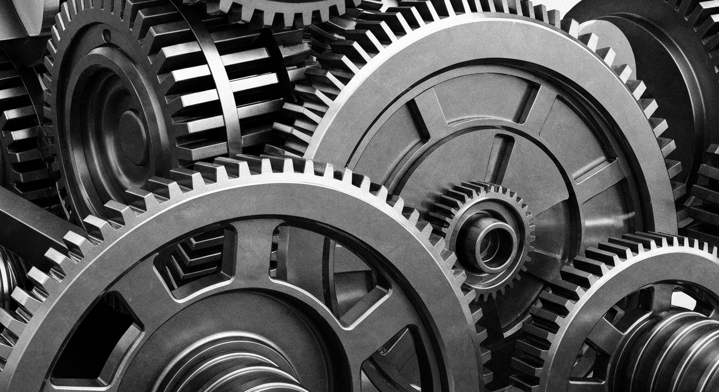 A high-contrast, cinematic close-up of heavy, polished metal gears and machinery, conceptually representing the complex financial infrastructure and institutional power of the energy industry.