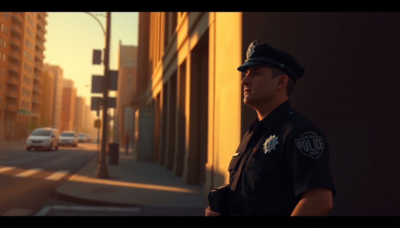 A serene, cinematic painting of a lone police officer in uniform standing on a city street corner, bathed in warm, diagonal sunlight and deep shadows, conveying a sense of quiet contemplation and a shift in policing philosophy.