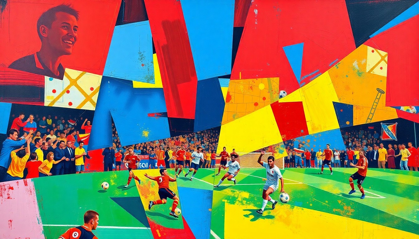 A fragmented, cubist-style painting depicting a soccer match or celebration, with sharp geometric shapes and planes in a vibrant color palette, conceptually representing the dynamic and unpredictable nature of the 2026 World Cup.