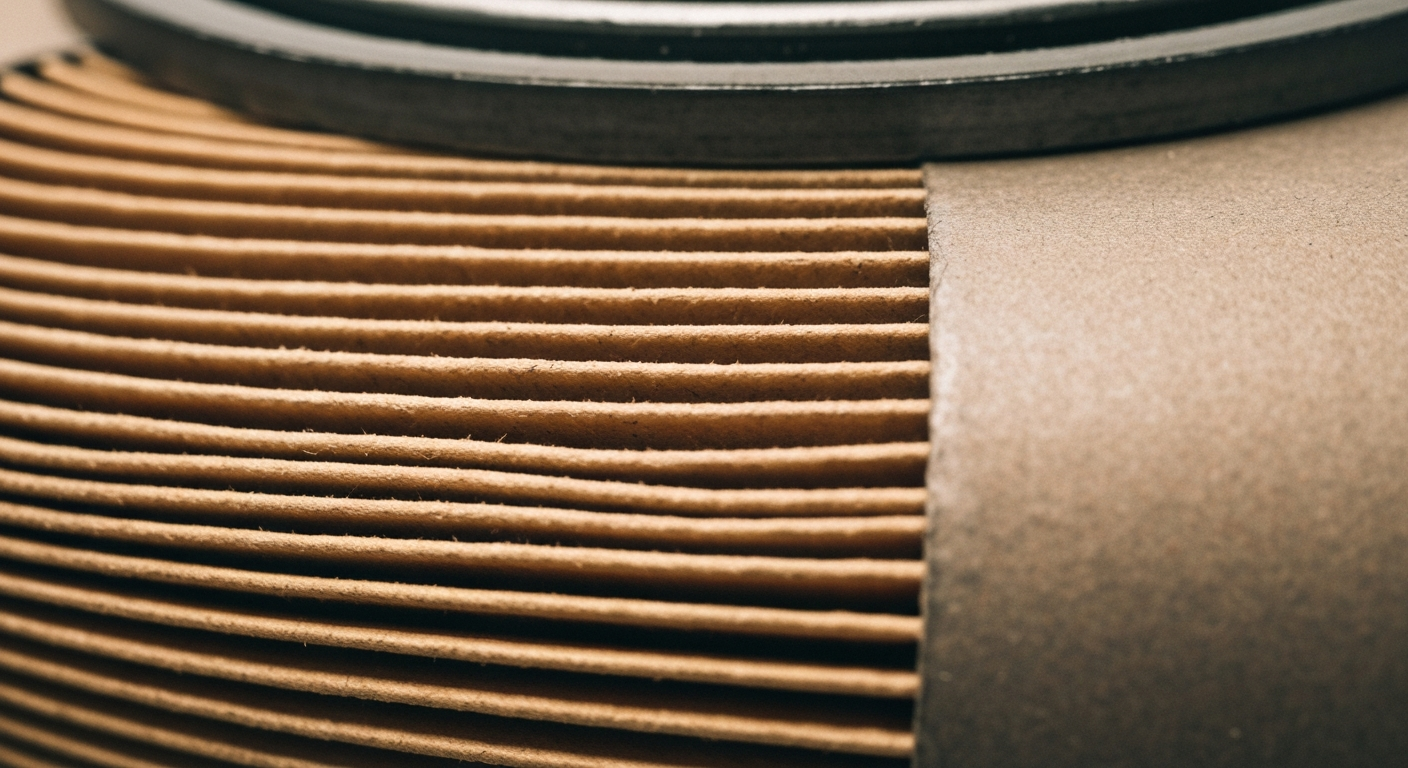 An extreme close-up photograph of the textured surface of an automotive oil filter, capturing the precision and craftsmanship of routine vehicle maintenance.