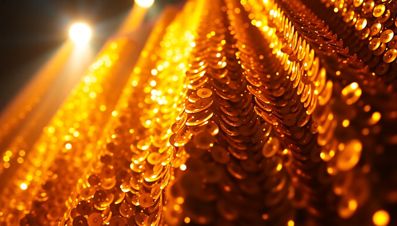 An extreme close-up photograph of shimmering gold sequins reflecting dramatic studio lighting, creating a glitzy, high-fashion aesthetic to represent the glamour of a major concert tour.