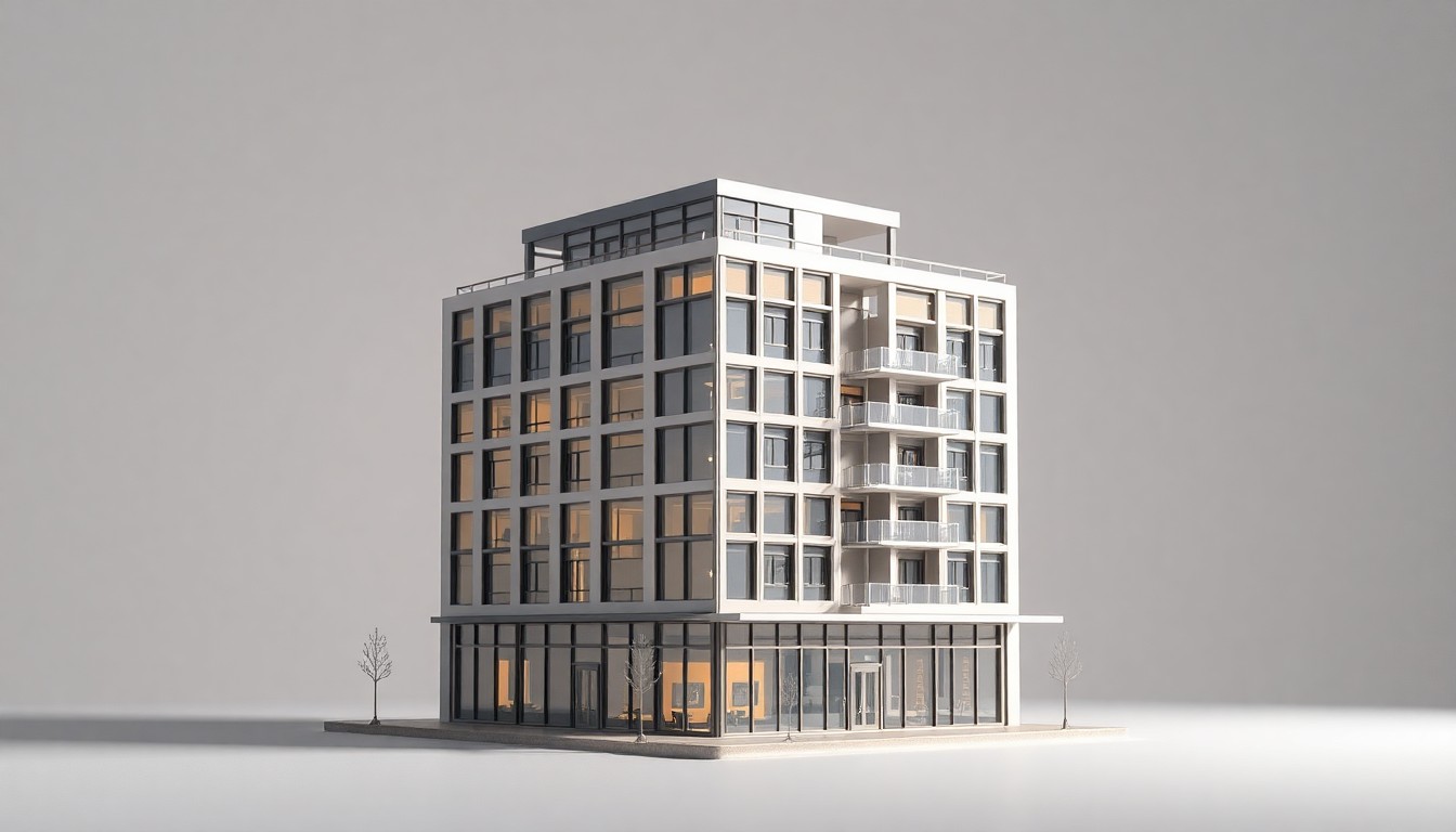 A photorealistic studio still life depicting a scale model of a sleek, contemporary 5-story mixed-use building with clean lines, polished materials, and dramatic lighting, symbolizing the abstract concepts of urban redevelopment and community planning.