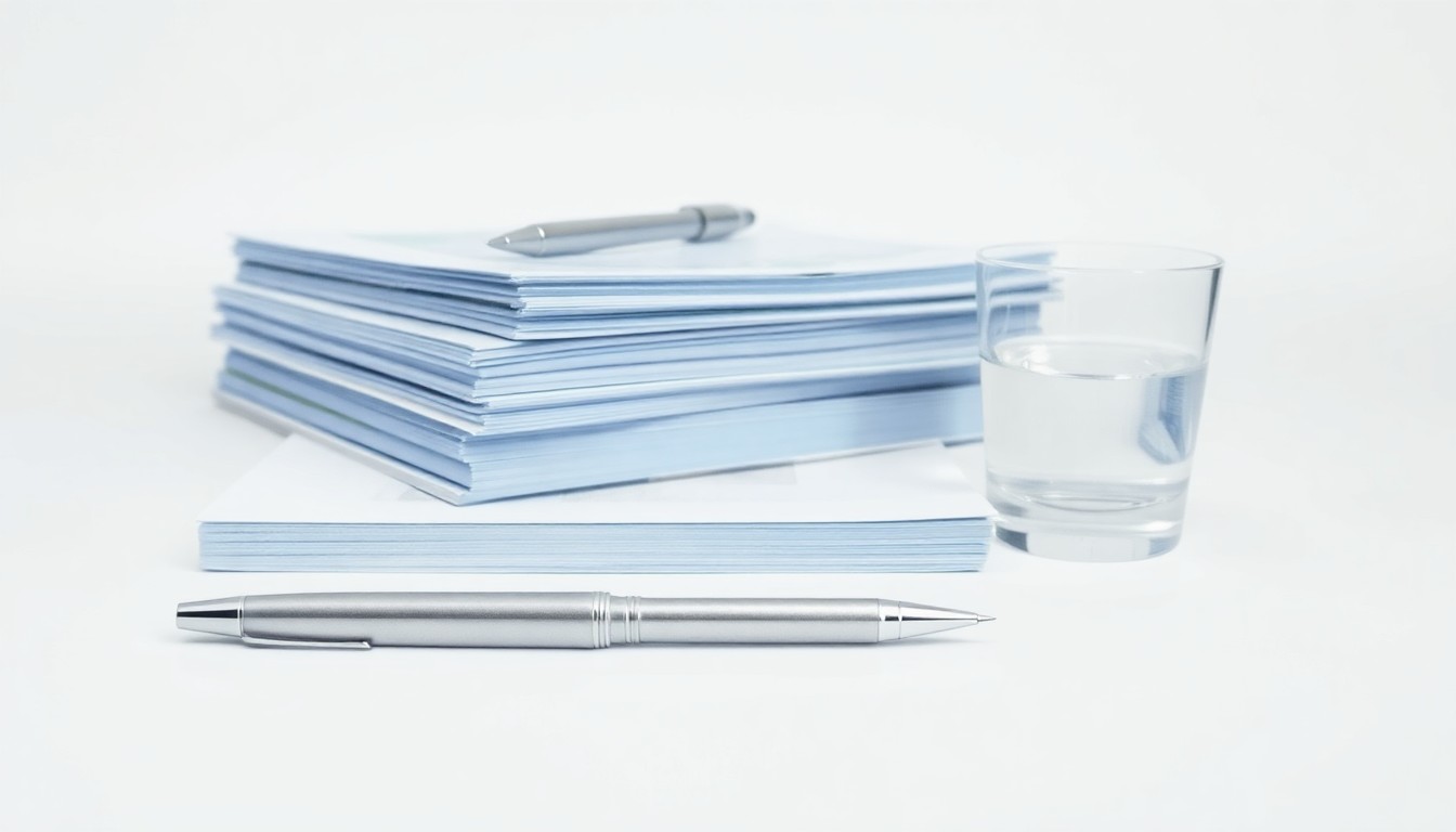 A minimalist studio still life featuring a stack of polished metal banking ledgers, a sleek silver pen, and a glass of water on a clean white background, conceptually representing the precision, stability, and professionalism of the banking industry.