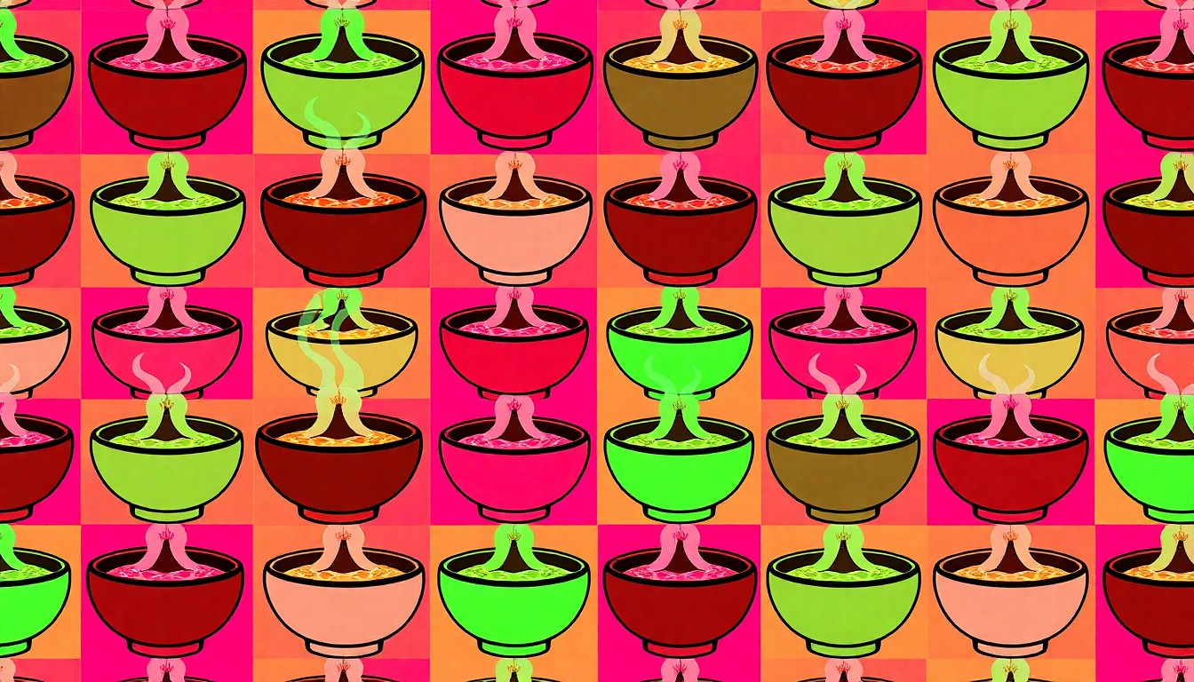 A highly stylized, silkscreen-inspired illustration featuring a repeating pattern of a single hot pot bowl in a grid, rendered in a vibrant neon color palette with heavy black outlines, conceptually representing the customizable and interactive nature of the new Gold Cudgel restaurant.