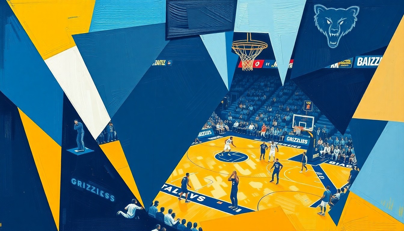 A fragmented, geometric painting in navy, light blue, and gold hues, capturing the dynamic movement and contrasting styles of a Grizzlies basketball game.