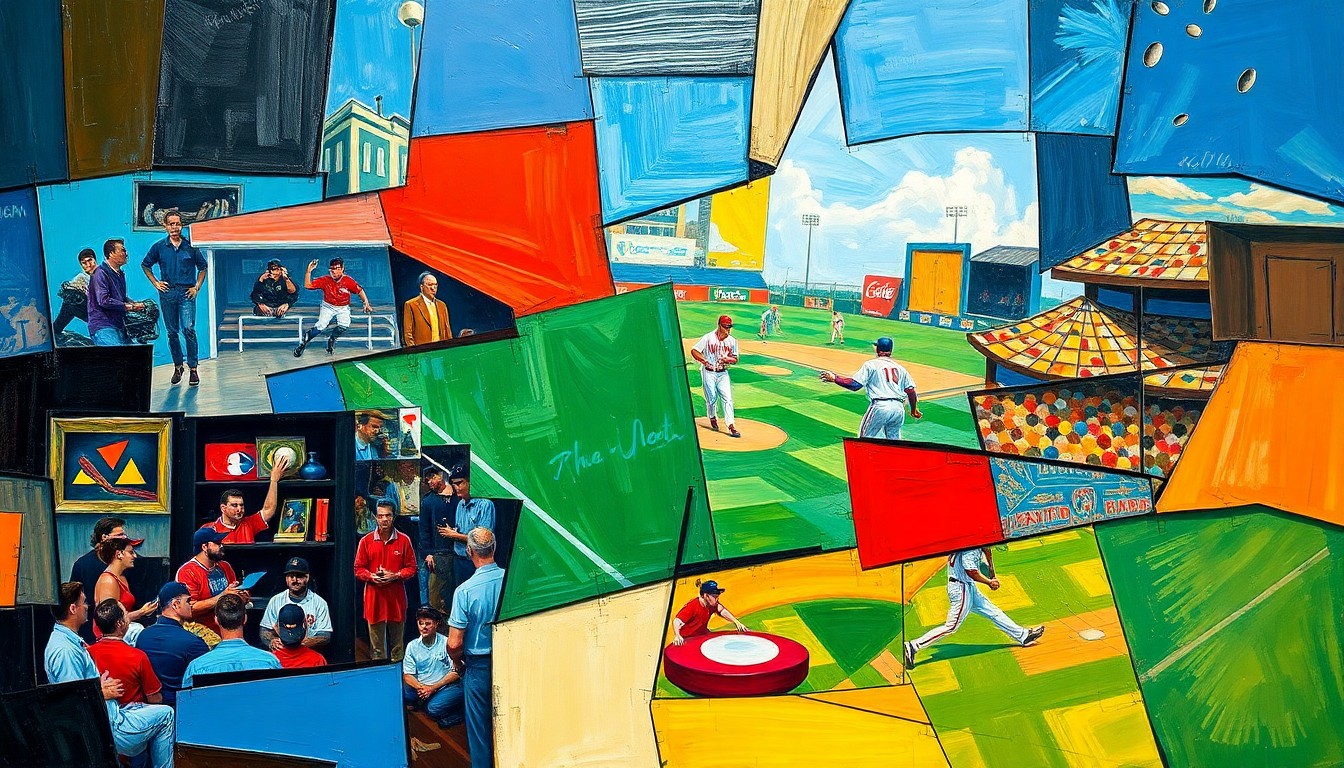 A fragmented, geometric painting in bold colors depicting the dynamic action of a baseball game, with players and field elements broken down into sharp, overlapping planes.