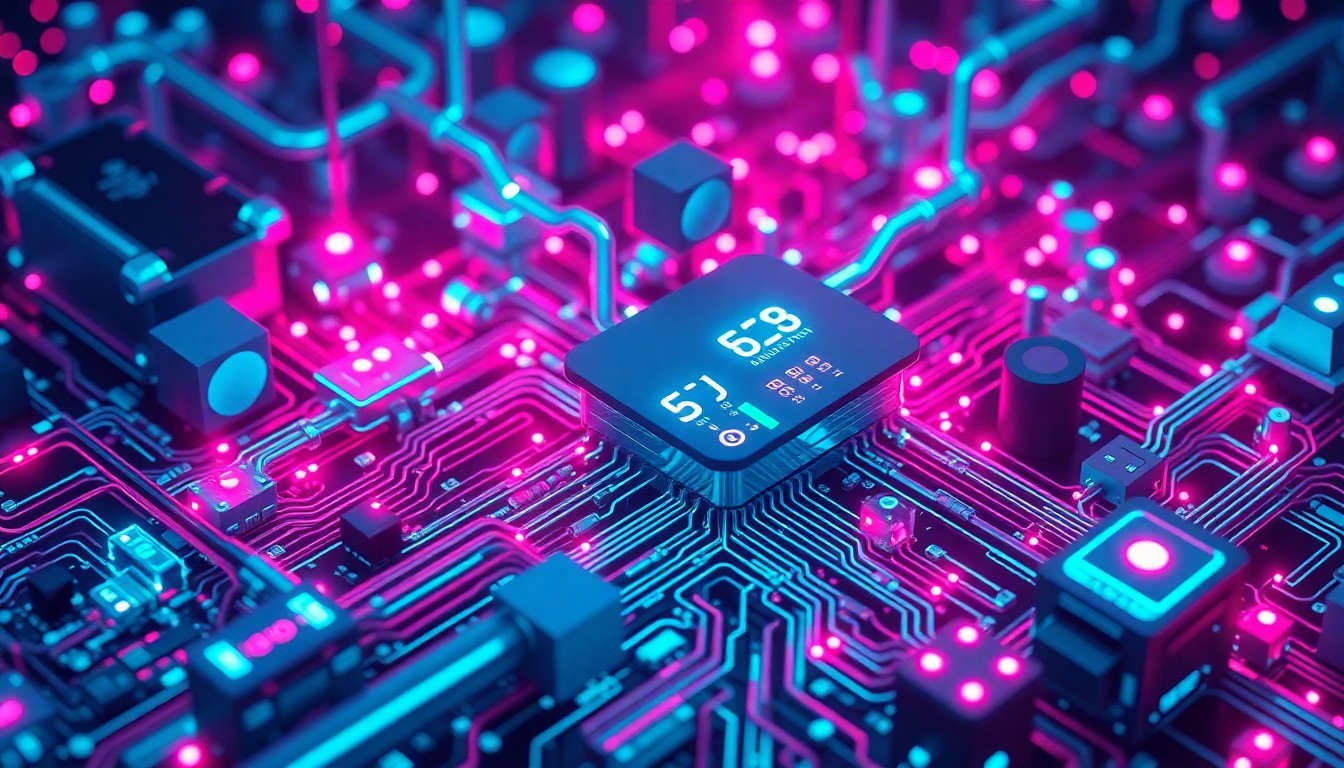 A highly detailed, glowing 3D illustration of a complex network of digital hardware and infrastructure, with neon lights highlighting the intricate cybernetic components. The image conveys a sense of the power and vulnerability of essential digital systems in the face of advanced AI-powered threats.