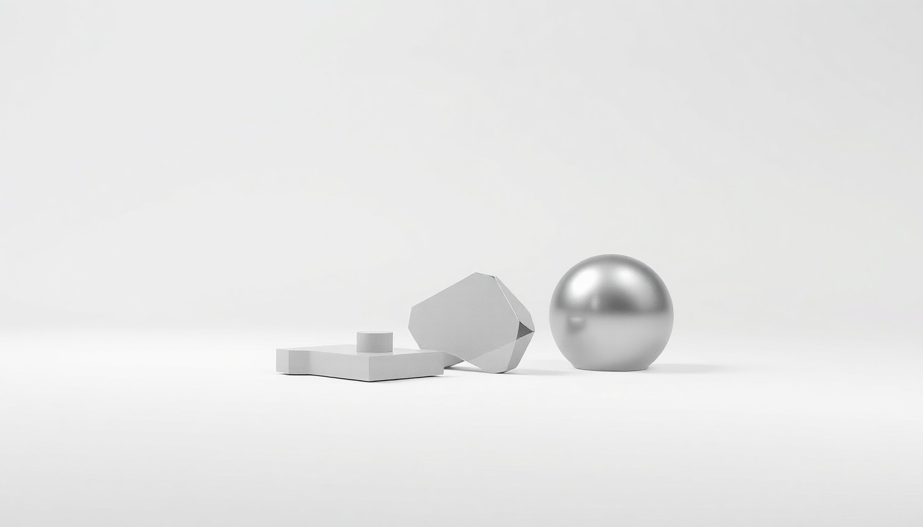 A clean, monochromatic studio photograph featuring a few carefully arranged, polished geometric objects in shades of gray and silver, conceptually representing the advanced materials and technologies used in the housing equipment and construction industry.