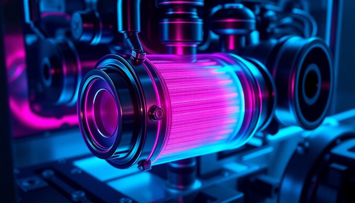 A highly detailed, glowing 3D illustration of a truck engine component, such as a diesel exhaust fluid filter, illuminated by neon cyan and magenta lights, conceptually representing the advanced AI-powered capabilities of the PartsNow.ai platform.