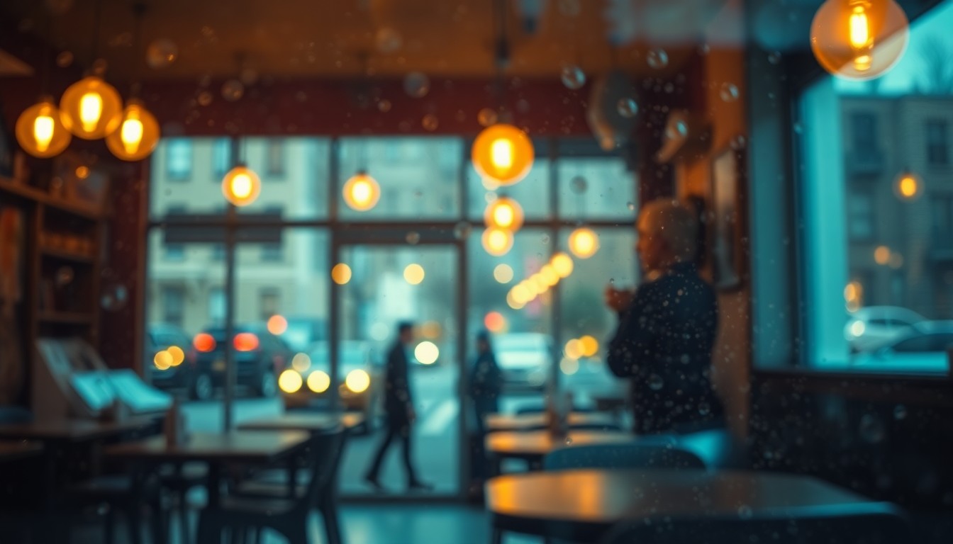 An extremely abstracted, out-of-focus photograph in warm, soft tones depicting the cozy, inviting atmosphere of a new neighborhood coffee shop in New York City during the spring season.