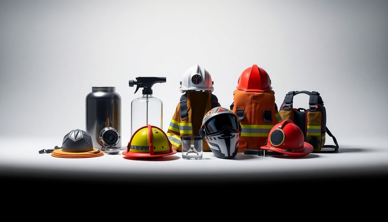 A high-end, photorealistic studio still-life photograph featuring a collection of polished, geometric objects representing personal protective equipment (PPE) for firefighters and EMTs, arranged elegantly on a clean, monochromatic seamless background using sharp, dramatic studio lighting and deep shadows to symbolize the importance of equipment accountability and lifecycle management.