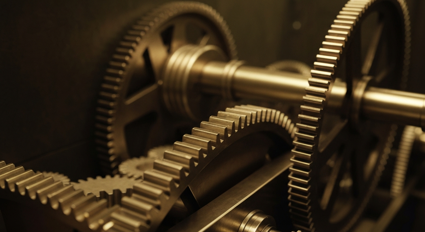 An extreme close-up of interlocking metal gears and machinery, representing the complex financial infrastructure and institutional power of the banking industry.