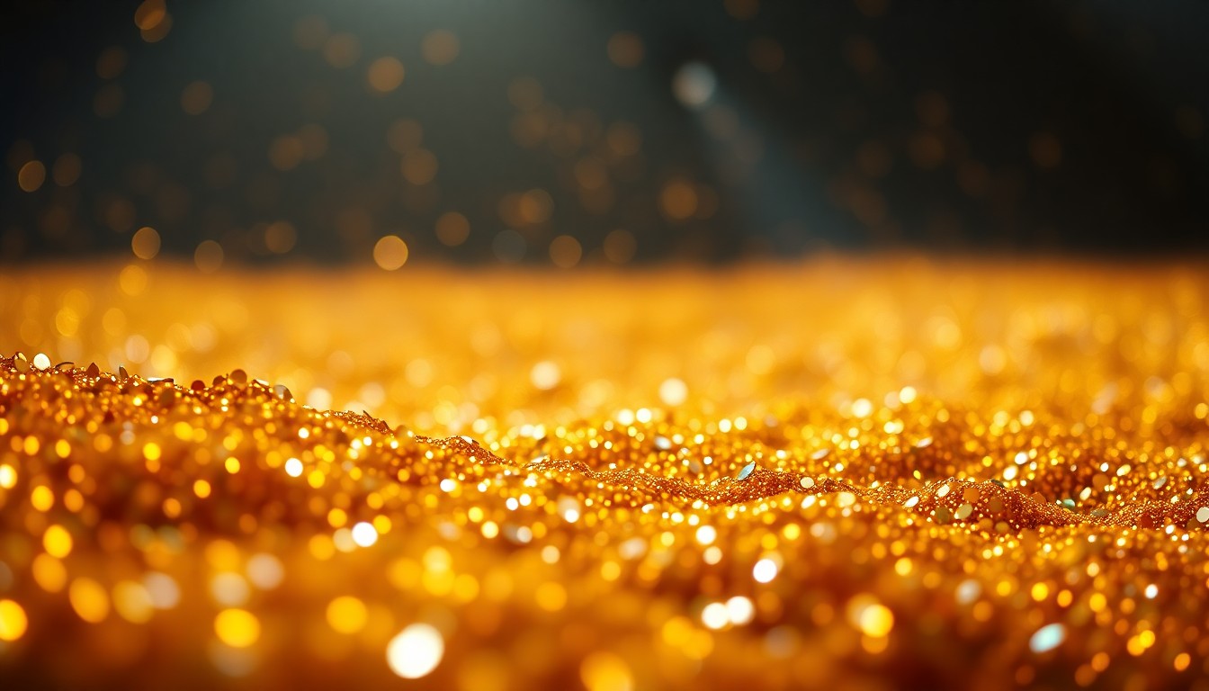 An abstract close-up photograph of shimmering, glittering gold sequins, capturing the glamour and energy of a music festival performance through dramatic studio lighting and high-contrast textures.