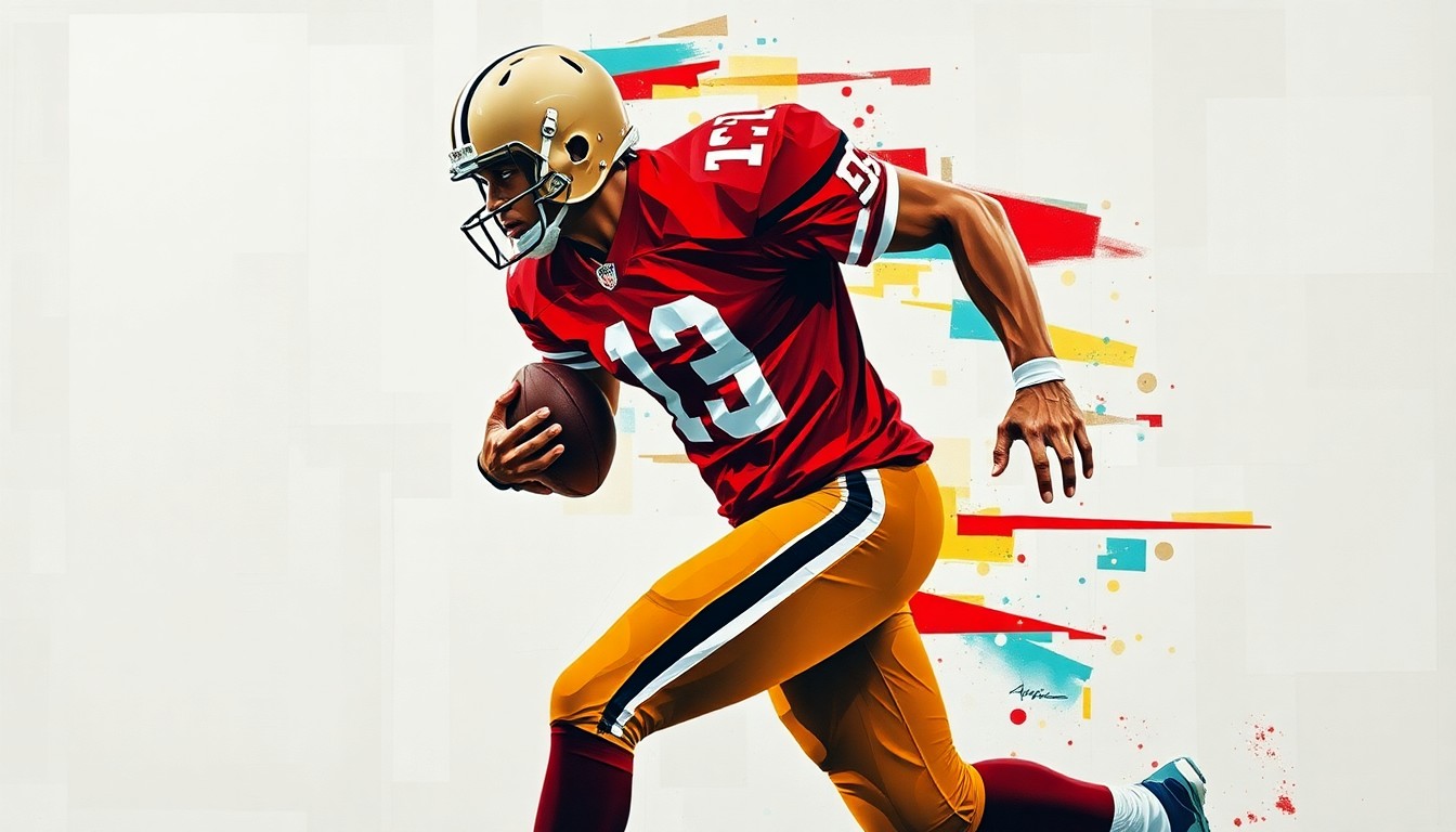 A fragmented, geometric painting depicting a football player in motion, with only hints of team colors and no discernible jersey number or other identifying features.