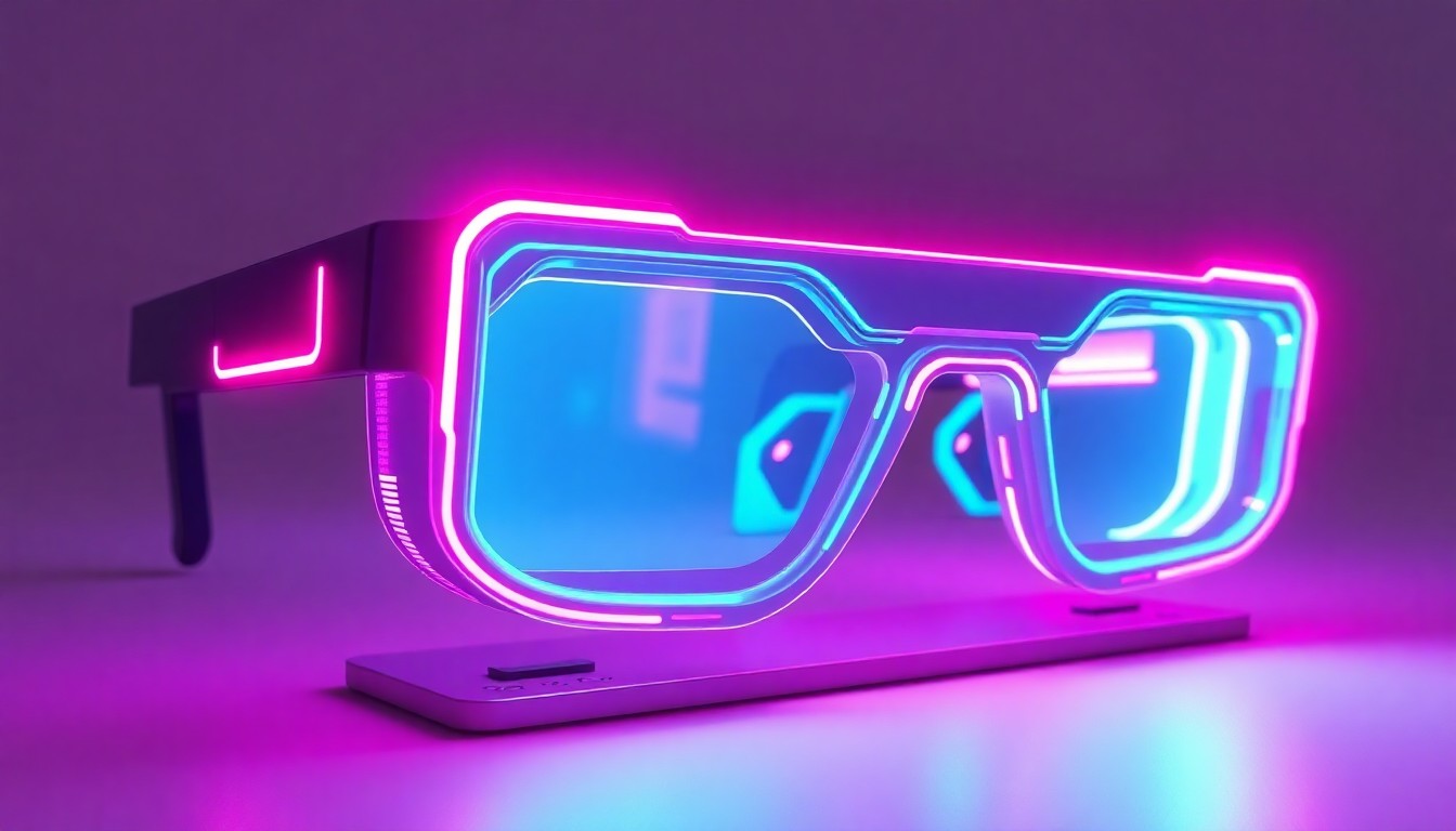 A highly detailed, glowing 3D illustration of a pair of futuristic AR glasses with neon cyan and magenta lights illuminating the frame and lenses, conceptually representing the advanced technology and connectivity of Apple's upcoming smart glasses product.