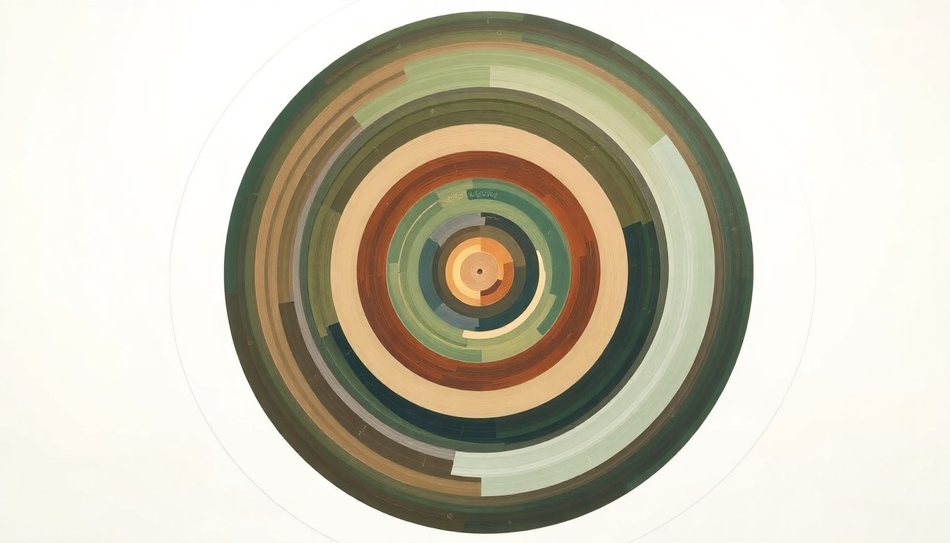 An abstract, highly structured painting in muted earth tones depicting interlocking geometric shapes, concentric circles, and sweeping botanical spirals, conceptually representing the complex scientific processes behind carbon capture and storage technology.