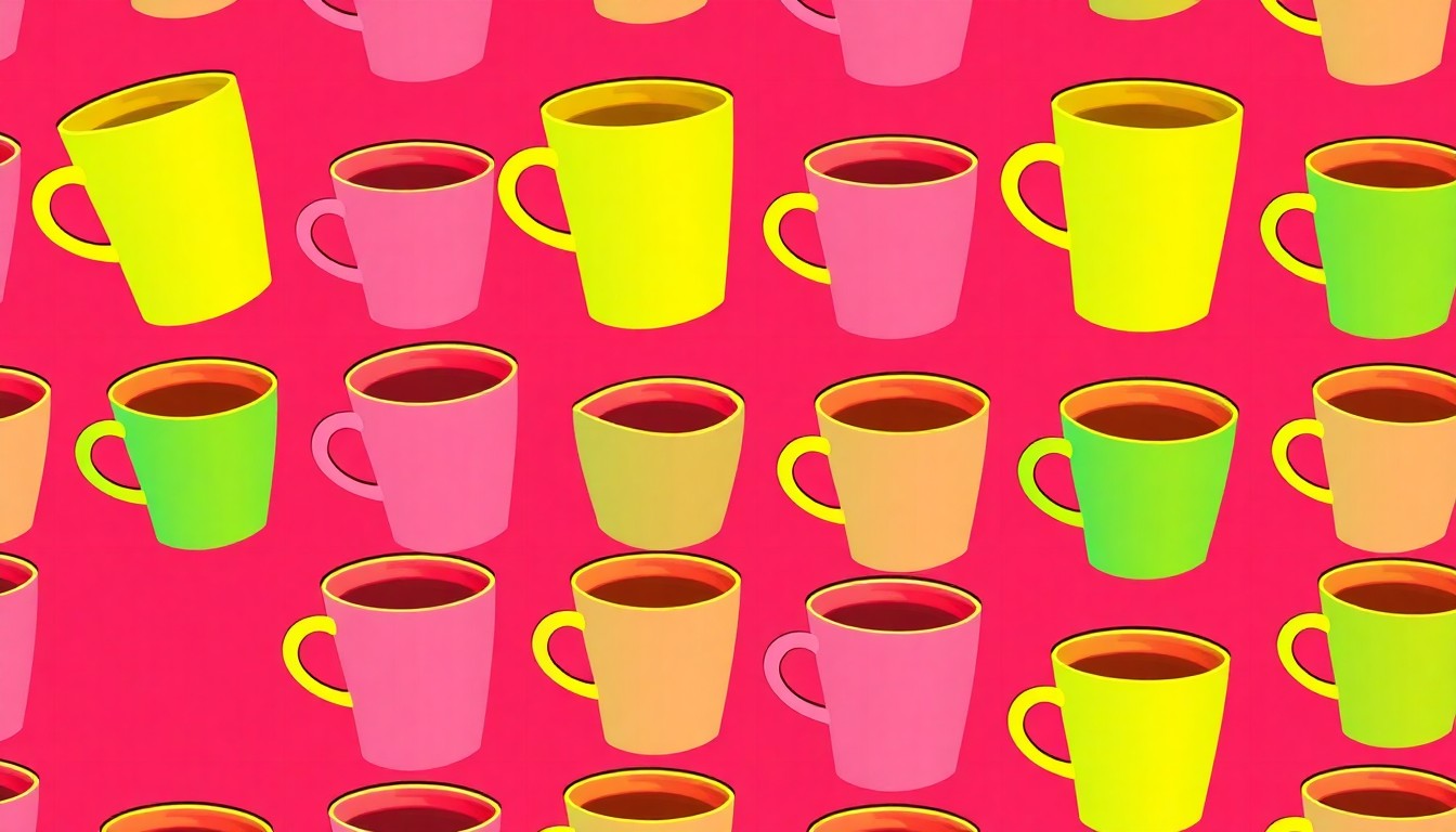 A vibrant, pop art-inspired illustration featuring a single coffee cup icon repeated in a grid pattern, using bold, neon-like colors and heavy black outlines to conceptually represent the freshness and variety of Coffee Hub Xenia's new roasting program.