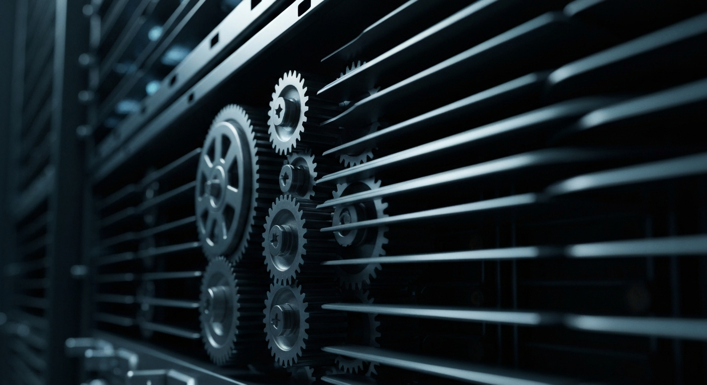 An extreme close-up of the intricate, industrial-looking internal components and machinery of a high-capacity media server, conveying the robust infrastructure powering Netflix's streaming services.