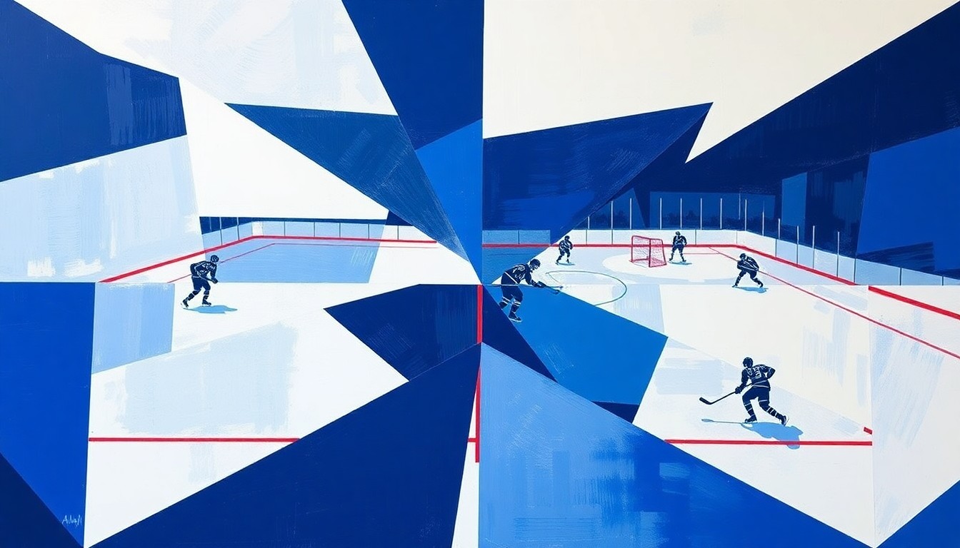A cubist, geometric painting depicting a fragmented hockey scene with overlapping planes of navy, royal blue, and white, conceptually representing the Islanders' disjointed end to the season.