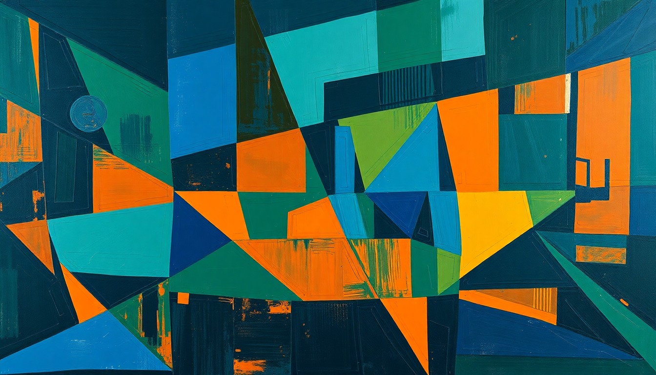 A cubist, geometric painting depicting a fragmented basketball court scene, with overlapping shapes and planes in shades of blue, green, and orange, conveying the tumultuous end to the Bucks' season.