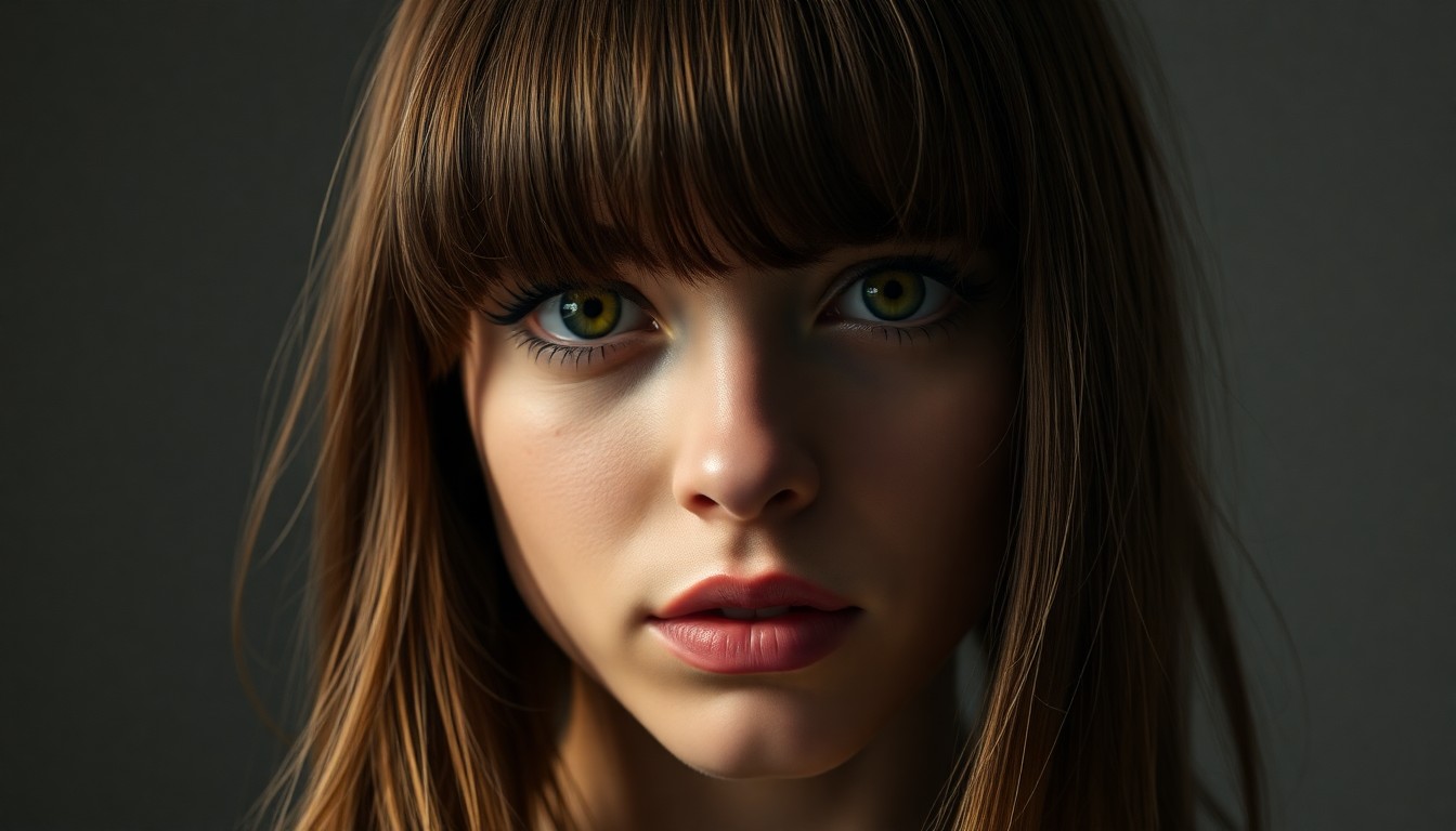 An extreme close-up photograph of Ella Langley's hair, highlighting the detailed texture and dramatic lighting of her signature full bangs hairstyle, conceptually representing the unexpected origins of her iconic look.