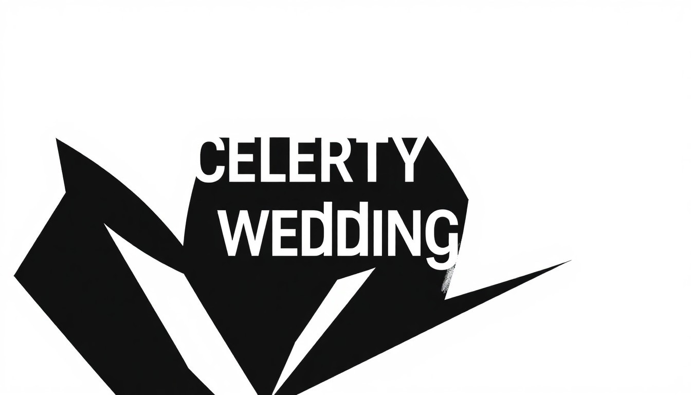 An abstract, minimalist illustration featuring bold, geometric black and white shapes arranged in a striking, conceptual composition, representing the idea of a celebrity wedding without using any literal imagery.