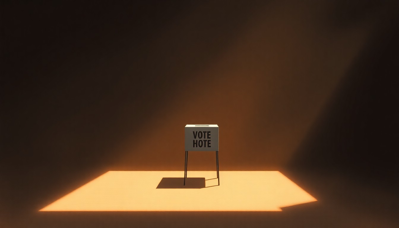 A serene, cinematic painting of a lone voting booth bathed in warm, golden light and deep shadows, capturing the quiet importance of a local election.