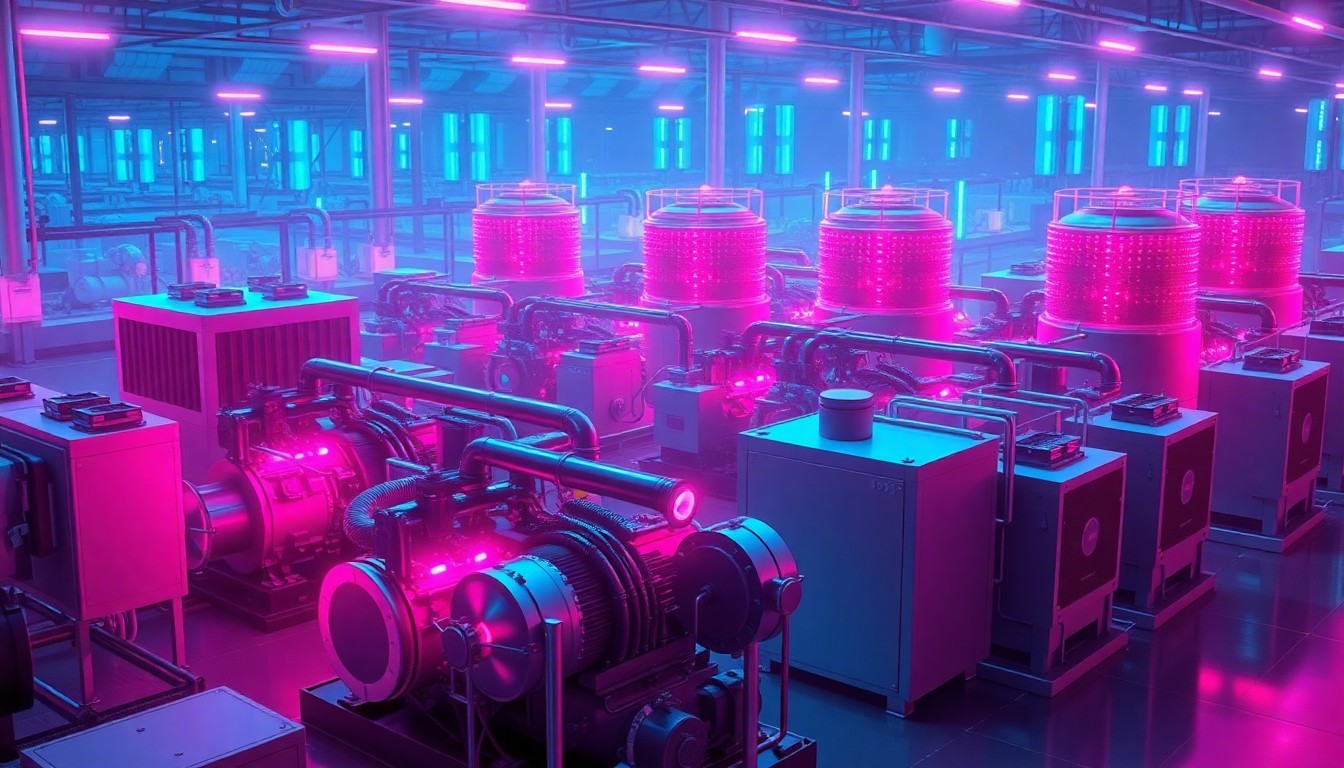 A highly detailed, glowing 3D macro illustration of a cluster of diesel generators and cooling towers, illuminated by neon cyan and magenta lights, conceptually representing the physical technology infrastructure powering a data center.