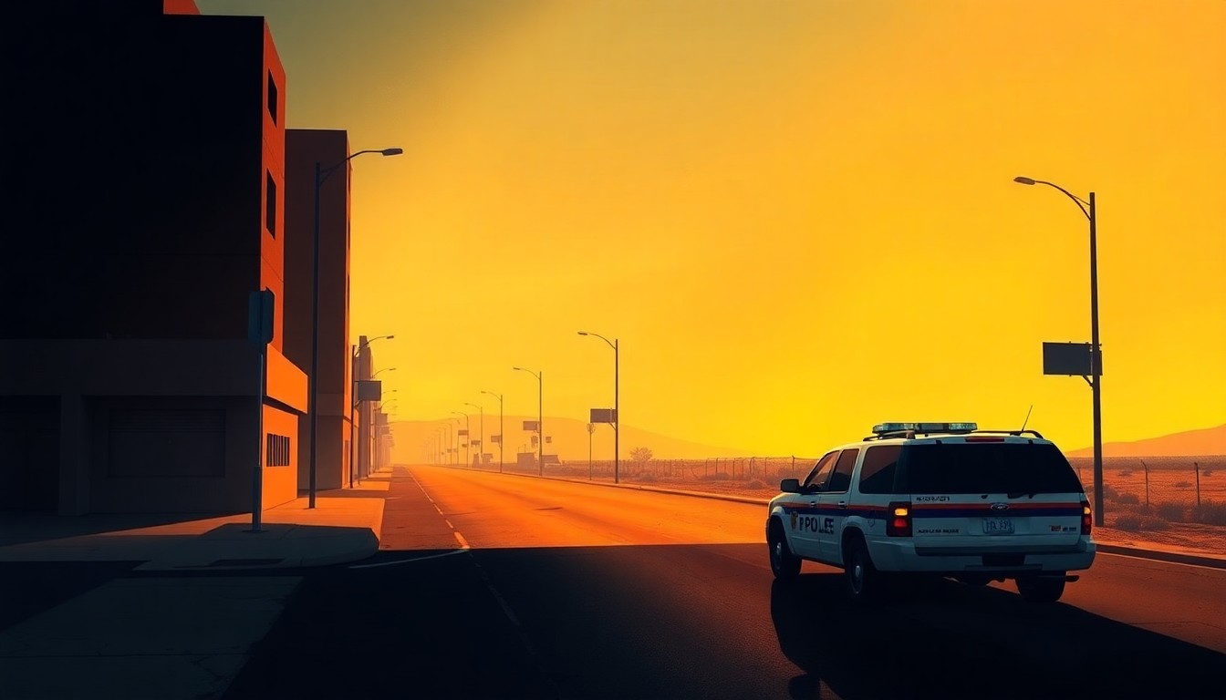 A serene, cinematic painting depicting a lone border patrol vehicle parked on a deserted city street, with warm sunlight casting dramatic shadows across the scene, conveying a sense of solitude and nostalgia.