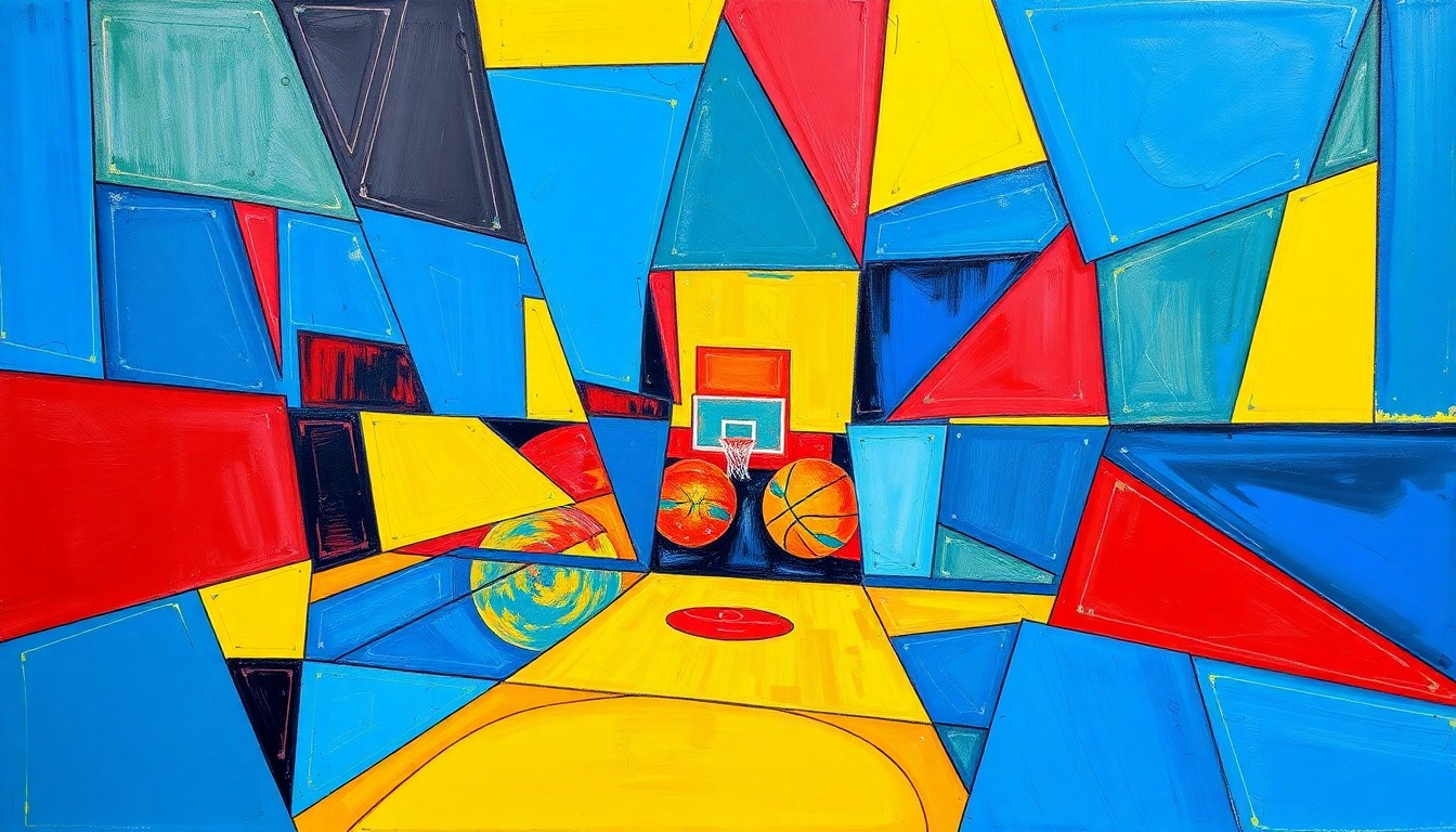 A cubist, geometric painting depicting fragmented, overlapping shapes and planes in vibrant colors, representing the dynamic and competitive nature of college basketball recruiting.