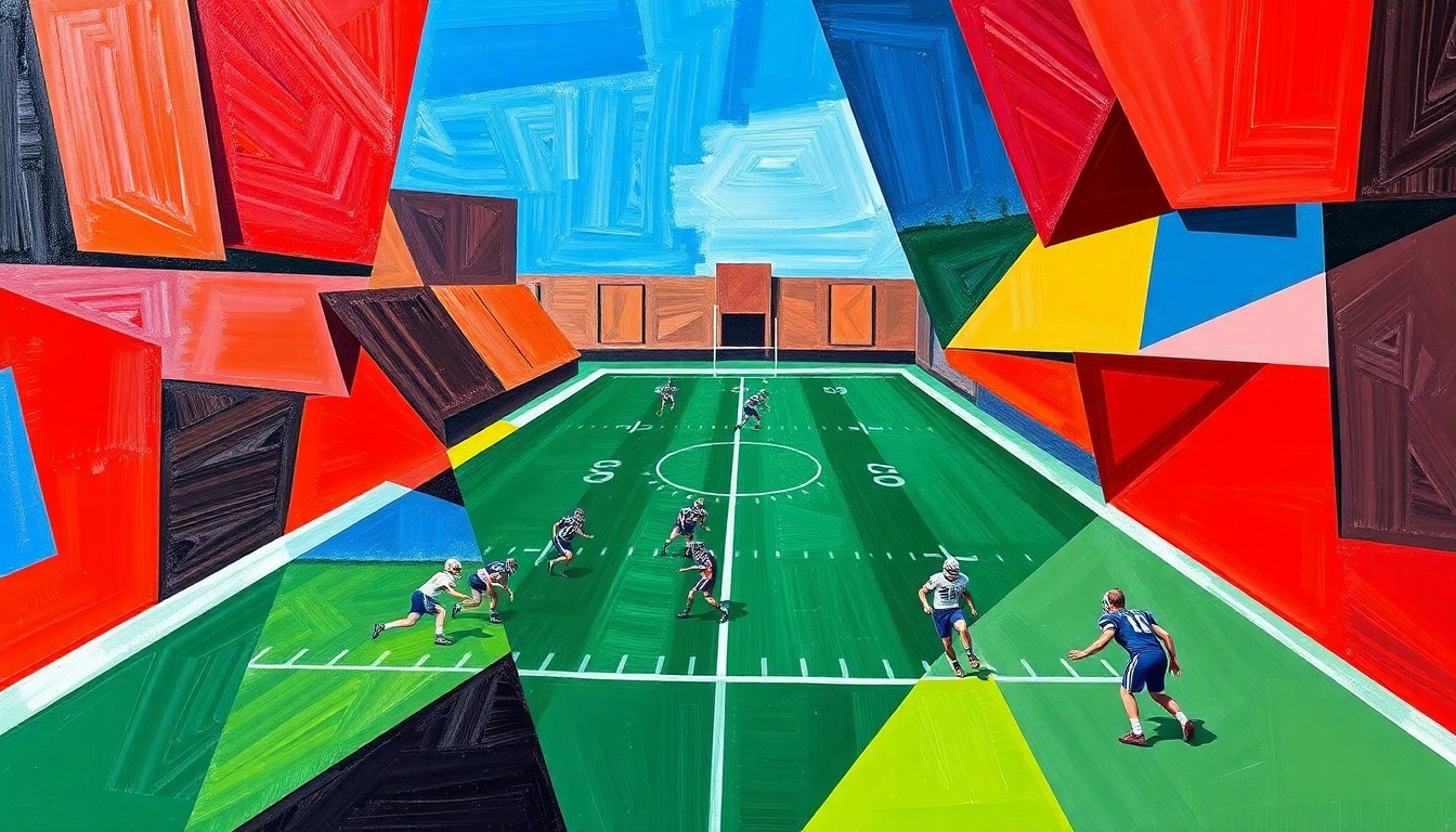 A cubist, geometric painting depicting the chaotic action of a high school football game, with players and the field broken down into sharp, overlapping planes of color.