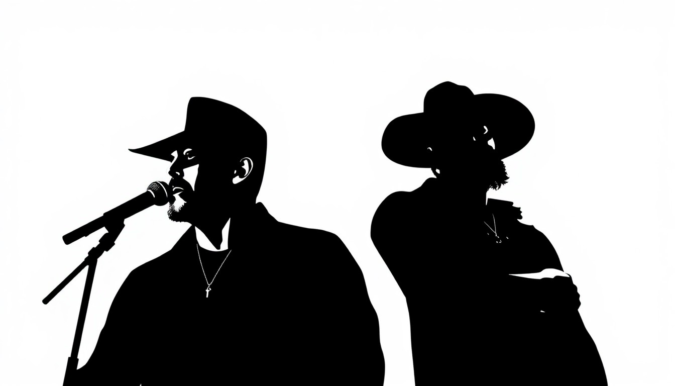 A minimalist, abstract illustration using bold, jagged black silhouettes against a stark white background, conceptually representing the musical collaboration between country artists Brandon Lake and Cody Johnson.