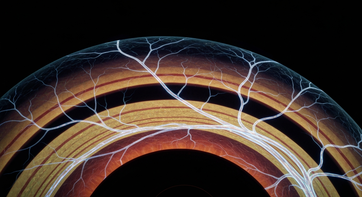 An extreme close-up X-ray image revealing the delicate, intricate structure of the human cornea, glowing translucent against a dark background, conceptually representing the medical challenges of treating neurotrophic keratitis.