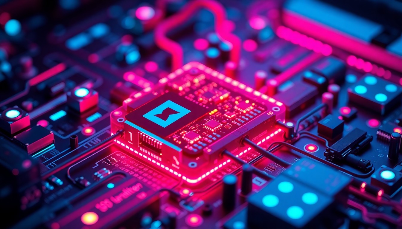 A highly detailed, glowing 3D illustration of interconnected cybersecurity hardware components and AI infrastructure, conveying the complexity and importance of securing advanced AI technologies.